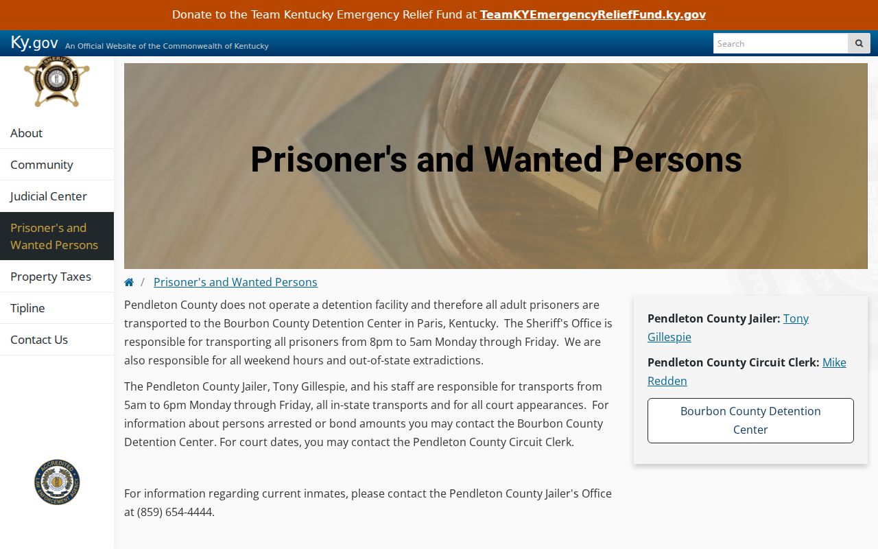 Pendleton County arrest history prisoners and contract jail guidance