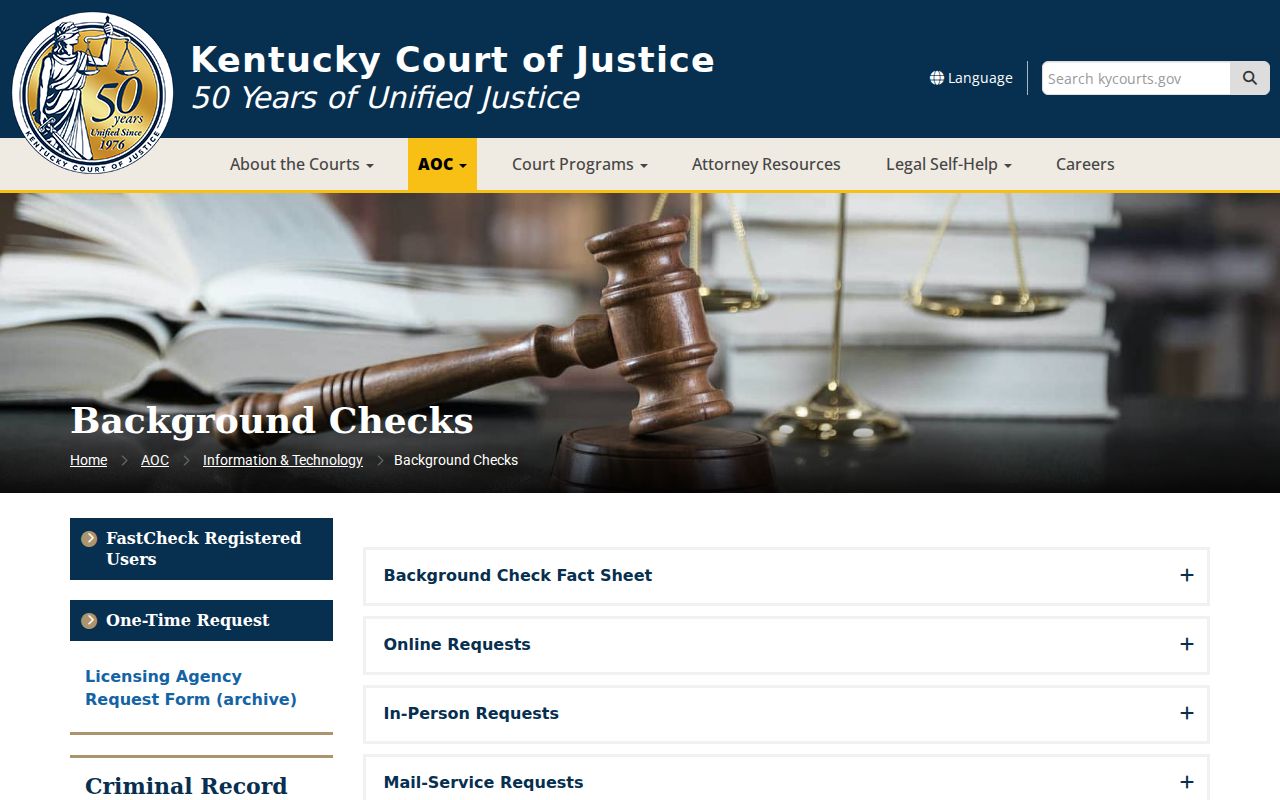 Kentucky AOC CourtNet background report access page
