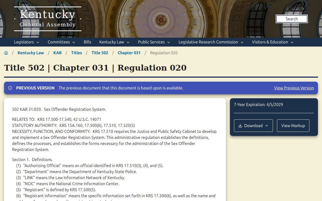 Pendleton County sex offender registration regulation in Kentucky